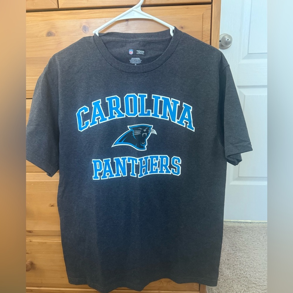 NFL Carolina Panthers Black Tee with blue print.
